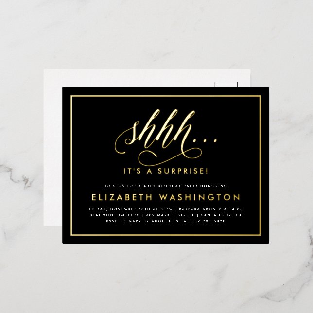 Carte Postale D'invitation À Feuilles D'aluminium Gold & Black Surprise Anniversaire (Recto/Verso)