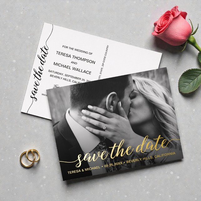 Carte Postale D'invitation À Feuilles D'aluminium Gold foil Save the date Photo Wedding Modern (Créateur téléchargé)