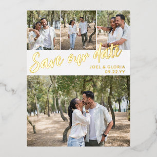 Carte Postale D'invitation À Feuilles D'aluminium Gold Script 4 Photos Mariage Enregistrer notre dat