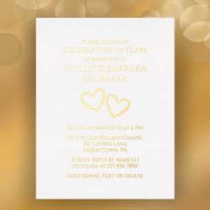 Carte Postale D'invitation À Feuilles D'aluminium Golden 50th Mariage Anniversary Party Coeur person