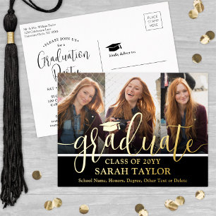Carte Postale D'invitation À Feuilles D'aluminium Graduation Party Black 3 Photo Script moderne