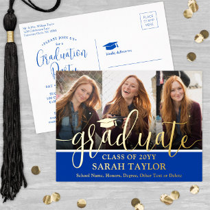 Carte Postale D'invitation À Feuilles D'aluminium Graduation Party Royal Blue 3 Photo Modern Script