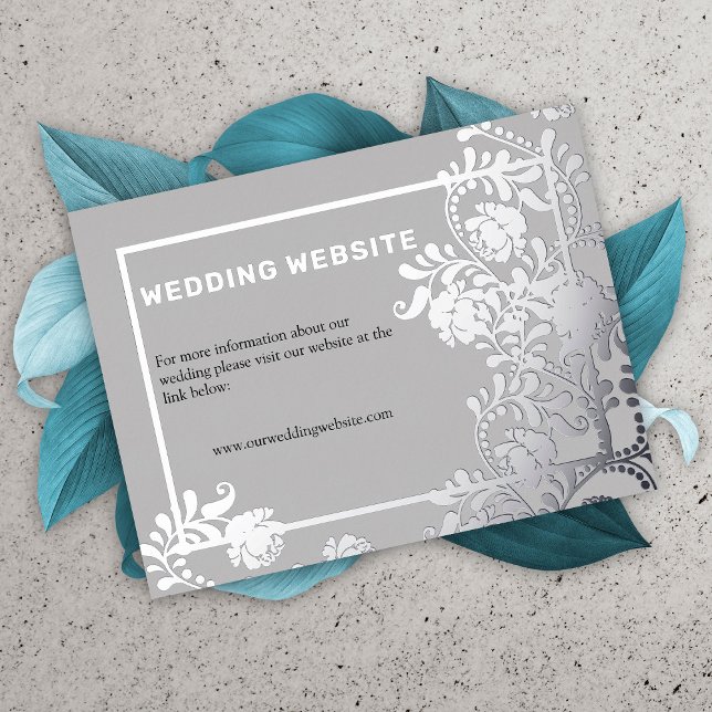 Carte Postale D'invitation À Feuilles D'aluminium Gris Elegance Silver Flowers Site Mariage (Gray Elegance Silver Flowers Wedding Website Card by the Elegant Wedding)