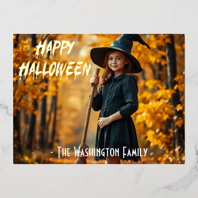 Carte Postale D'invitation À Feuilles D'aluminium Halloween charmante à la sorcière (Recto)