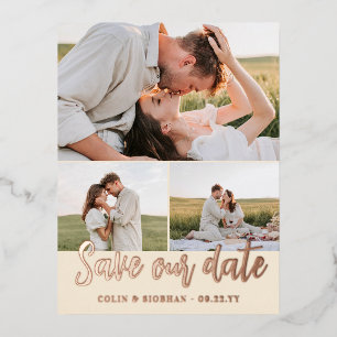 Carte Postale D'invitation À Feuilles D'aluminium Ivory Script 3 Photos Mariage Enregistrer notre da