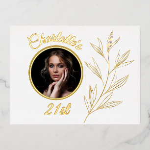 Carte Postale D'invitation À Feuilles D'aluminium Jaune pâle blanc avec feuille d'or graphique Anniv