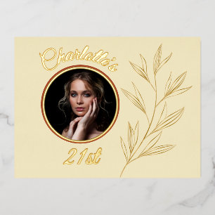 Carte Postale D'invitation À Feuilles D'aluminium Jaune pâle et feuille d'or graphique Anniversaire