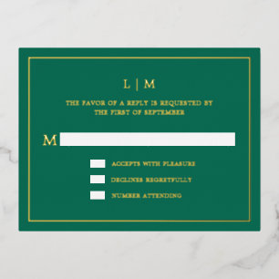 Carte Postale D'invitation À Feuilles D'aluminium Lauren Emerald Green Monogramme Mariage élégant