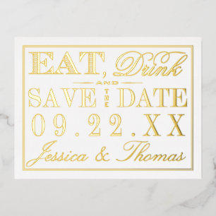 Carte Postale D'invitation À Feuilles D'aluminium Mangez, Buvez Et Soyez Mariés Enregistrer La Date 