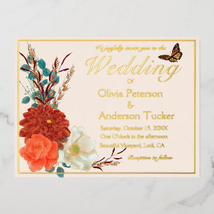 Carte Postale D'invitation À Feuilles D'aluminium Mariage de automne Ivory QRC Floral Monarch Butter