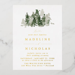 Carte Postale D'invitation À Feuilles D'aluminium Mariage de la forêt de pin rustique