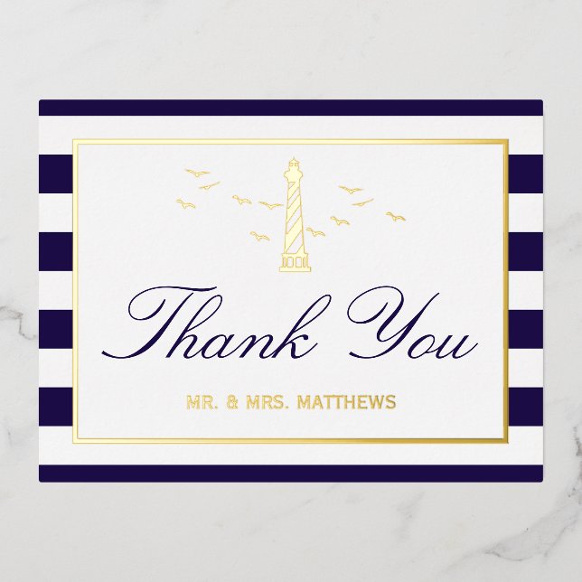 Carte Postale D'invitation À Feuilles D'aluminium Mariage de phare nautique Merci réel (Recto)