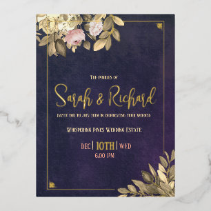 Carte Postale D'invitation À Feuilles D'aluminium Mariage Élégant avec Accents de Rose et Or Navy