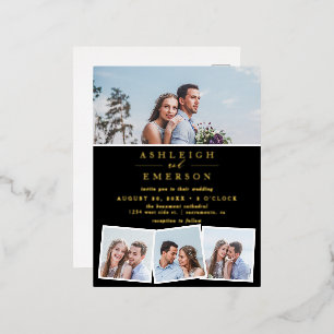 Carte Postale D'invitation À Feuilles D'aluminium Mariage minimaliste de photo noire