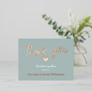 Carte Postale D'invitation À Feuilles D'aluminium Mariage minimaliste moderne cœur et écriture Merci