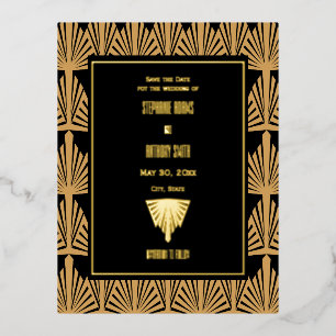 Carte Postale D'invitation À Feuilles D'aluminium Mariage Motif Gold et Black Art Déco