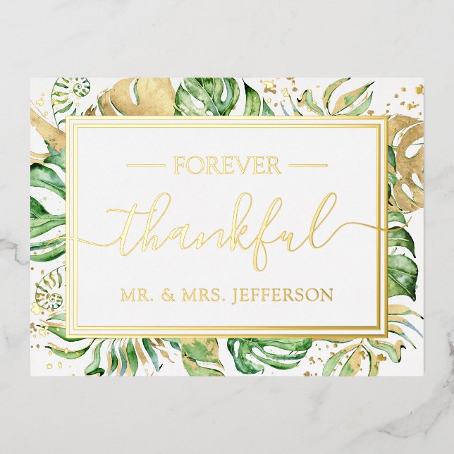 Carte Postale D'invitation À Feuilles D'aluminium Mariage tropical moderne M. & Mme Merci (Recto)