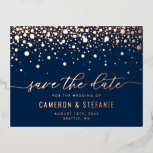 Carte Postale D'invitation À Feuilles D'aluminium Marine bleu moderne Confetti Rose Gold Enregistrer