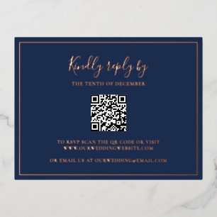 Carte Postale D'invitation À Feuilles D'aluminium Marine Blue Rose Gold Foil Code QR Code Mariage Ca