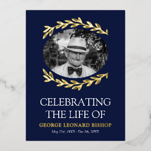 Carte Postale D'invitation À Feuilles D'aluminium Marine Cadre vert Ovale Photo Funérailles Or