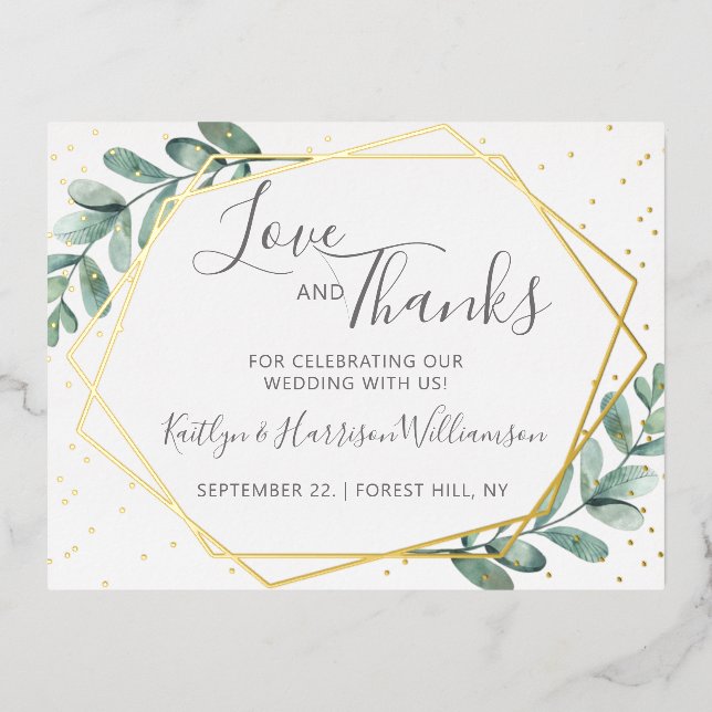 Carte Postale D'invitation À Feuilles D'aluminium Merci de Mariage géométrique Eucalyptus Real (Recto)