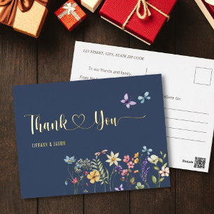 Carte Postale D'invitation À Feuilles D'aluminium Merci Mariage Fleur sauvage d'aquarelle simple