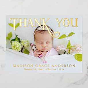 Carte Postale D'invitation À Feuilles D'aluminium Merci photo bébé Coeur moderne naissance
