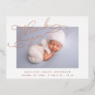 Carte Postale D'invitation À Feuilles D'aluminium Merci photo bébé élégant Script moderne naissance