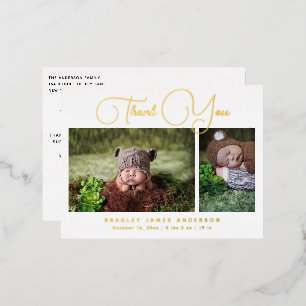 Carte Postale D'invitation À Feuilles D'aluminium Merci photo bébé Script moderne naissance