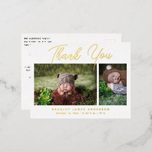 Carte Postale D'invitation À Feuilles D'aluminium Merci photo bébé Script moderne naissance