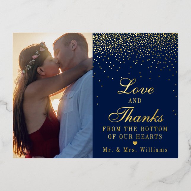 Carte Postale D'invitation À Feuilles D'aluminium Merci photo Mariage Navy Blue & Glam Confetti (Recto)