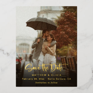 Carte Postale D'invitation À Feuilles D'aluminium Modern Save the Date Calligraphy Script avec photo