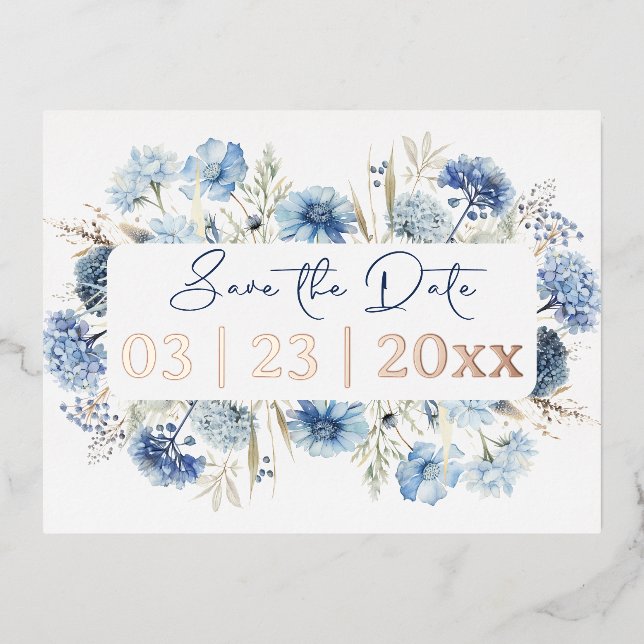 Carte Postale D'invitation À Feuilles D'aluminium Moderne aquarelle Fleurs sauvages bleus Enregistre (Recto)