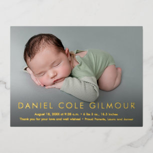 Carte Postale D'invitation À Feuilles D'aluminium Moderne simple nom bébé photo personnalisée naissa