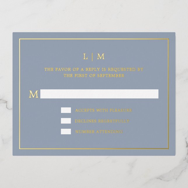 Carte Postale D'invitation À Feuilles D'aluminium Monogramme bleu foncé simple Mariage élégant RSVP (Recto)