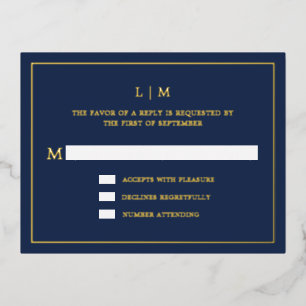 Carte Postale D'invitation À Feuilles D'aluminium Monogramme bleu marine simple Mariage élégant RSVP