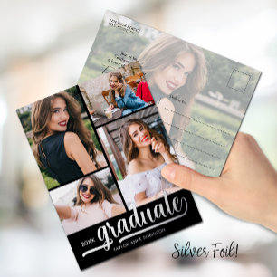 Carte Postale D'invitation À Feuilles D'aluminium Multi Photo Graduation Party