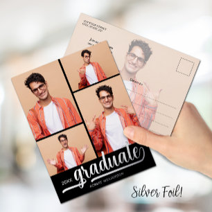 Carte Postale D'invitation À Feuilles D'aluminium Multi Photo Graduation Party