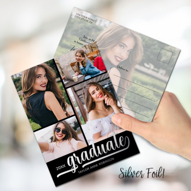 Carte Postale D'invitation À Feuilles D'aluminium Multi Photo Graduation Party (Créateur téléchargé)