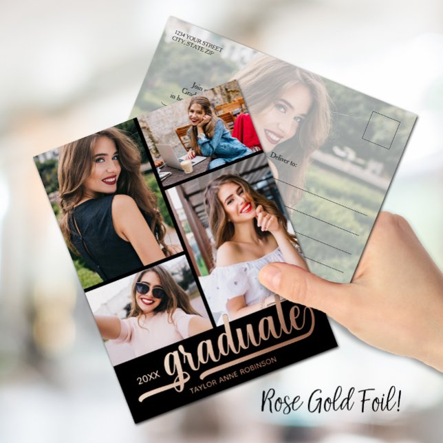 Carte Postale D'invitation À Feuilles D'aluminium Multi Photo Graduation Party (Créateur téléchargé)
