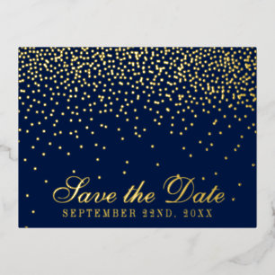Carte Postale D'invitation À Feuilles D'aluminium Navy Blue & Glam Confetti Enregistrer La Date Réel