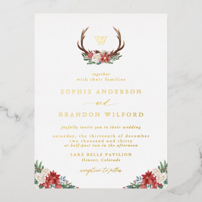 Carte Postale D'invitation À Feuilles D'aluminium Noël Botanique Antler Wreath Mariage d'hiver (Recto)