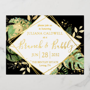 Carte Postale D'invitation À Feuilles D'aluminium Noir moderne Tropical Bridal Brunch & Bubbly Gold