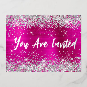 Carte Postale D'invitation À Feuilles D'aluminium Parties scintillant d'argent Hot Pink Glam 21e ann
