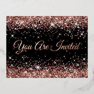 Carte Postale D'invitation À Feuilles D'aluminium Parties scintillant d'or Rose Faux sur Black 40e a
