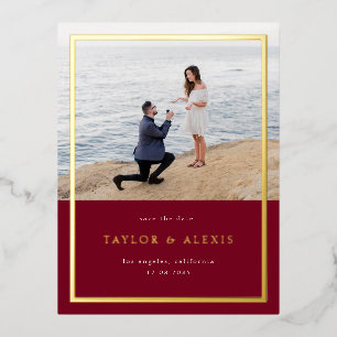 Carte Postale D'invitation À Feuilles D'aluminium Photo de cadre minimaliste Bourgogne Enregistrer l