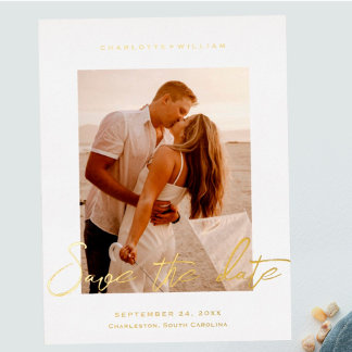 Carte Postale D'invitation À Feuilles D'aluminium Photo mariage Enregistrer La Date