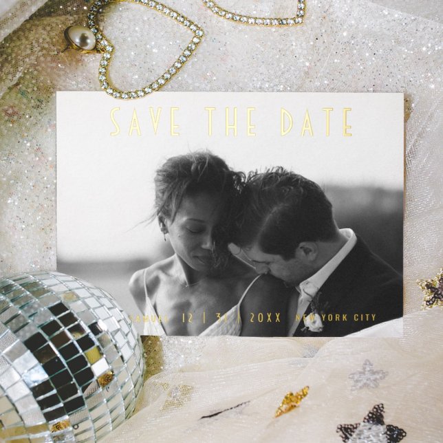 Carte Postale D'invitation À Feuilles D'aluminium Photo Mariage noir moderne Enregistrer la date Or (Glam gold foil photo wedding Save the Date.)