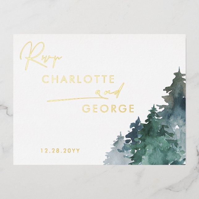 Carte Postale D'invitation À Feuilles D'aluminium Pins d'aquarelle rustique Hiver RSVP (Recto)