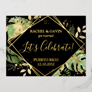 Carte Postale D'invitation À Feuilles D'aluminium Réception de mariage intime tropical noir moderne